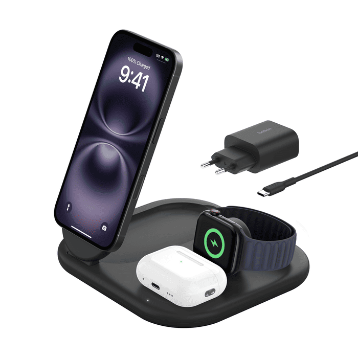 Belkin BoostCharge 3-in-1 Magnetic Charging Stand with Qi2 Fast Wireless Charging 15W - Black