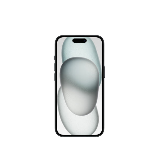 A studio product render of the black iPhone 15 showing the front display with its pill-shaped Dynamic Island cutout and thin bezels.