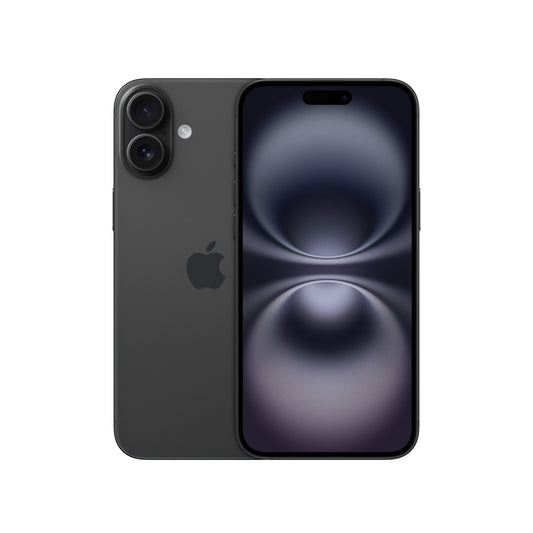 A dual view of the dark-colored iPhone 16 showcasing both the rear panel with its vertical dual-lens camera module and centered Apple logo, alongside the front-facing Super Retina XDR display featuring slim bezels and the pill-shaped Dynamic Island cutout.