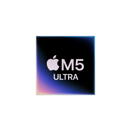 A sleek graphic depicting the Apple M5 Ultra chip with the Apple logo, "M5," and "ULTRA" text against a dark background with a colorful glowing border.
