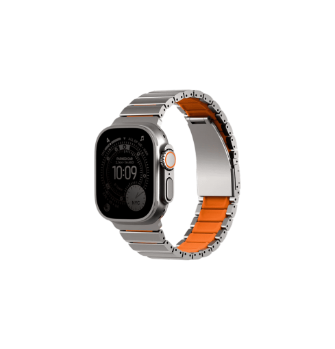 UNIQ STROVA FLEX APPLE WATCH SELF-ADJUSTABLE STEEL LINK BAND 49/46/45/44MM - TITANIUM SLIVER/VOLT ORANGE