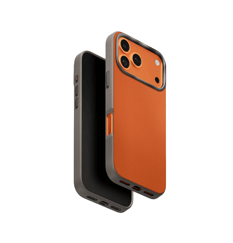 جراب UniQ Lyden DS ثنائي اللون من الجلد الصناعي الفاخر لهاتف iPhone 17 Pro - برتقالي ورمادي