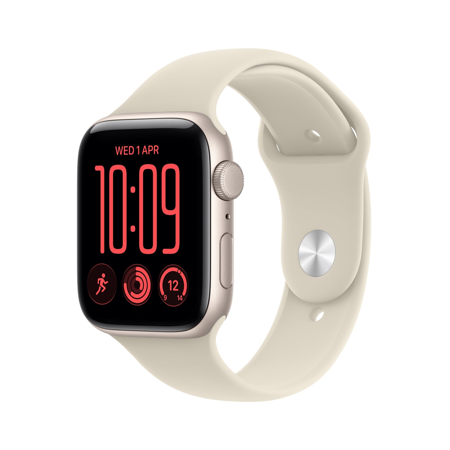 Front side perspective of the Apple Watch SE 3 GPS 40mm Starlight Aluminum with Sand Sport Band S/M at Tradeline.