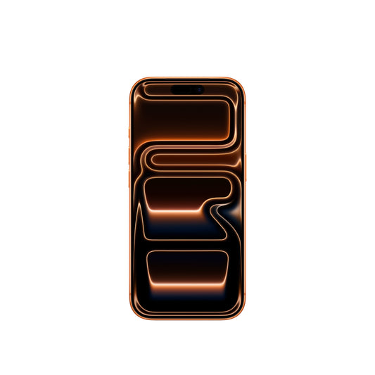 A front-facing view of the iPhone 17 Pro in Cosmic Orange, featuring the edge-to-edge display, Dynamic Island, and a matching orange-toned abstract wallpaper.