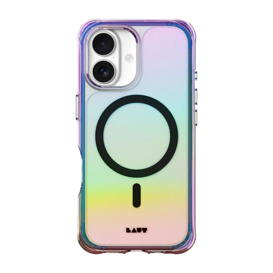 Rear view of the modern, chromatic Laut AERO HOLO everyday protection case for iPhone 17 in Holo Midnight from Tradeline.