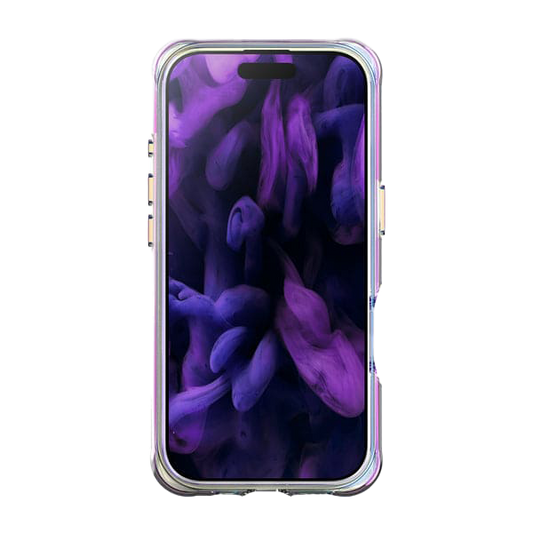 front view showcasing the multi-color shifting properties of the Laut AERO HOLO case for iPhone 17 in Holo Pearl at Tradeline.