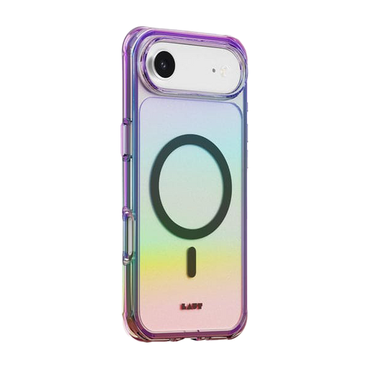 Side back angle detailing the protective bumper rim on the Laut AERO HOLO iPhone Air Holo Midnight shell at Tradeline Egypt.