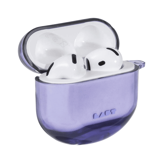 Open view showcasing the AirPods 4 charging case inside the LAUT AERO PROTECT Spring Purple cover from Tradeline Egypt.