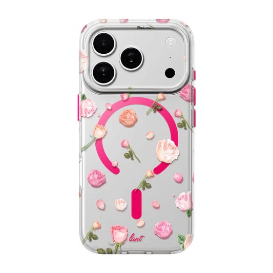 Rear view of the vibrant Laut BLOSSOM LUXE case for iPhone 17 Pro Max in Pink Roses graphic available at Tradeline.