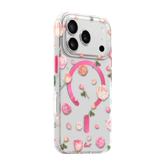 Side back view detailing the clear protective borders of the Laut BLOSSOM LUXE iPhone 17 Pro Max Pink Roses phone case from Tradeline Egypt.