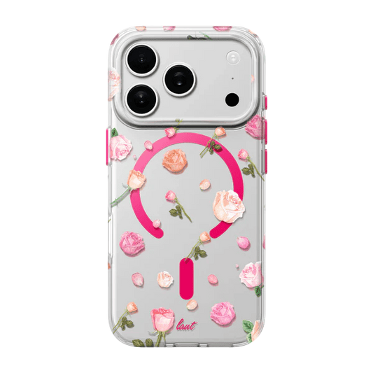 Rear view of the Laut BLOSSOM LUXE case for iPhone 17 Pro in Pink Roses featuring a premium floral design at Tradeline.
