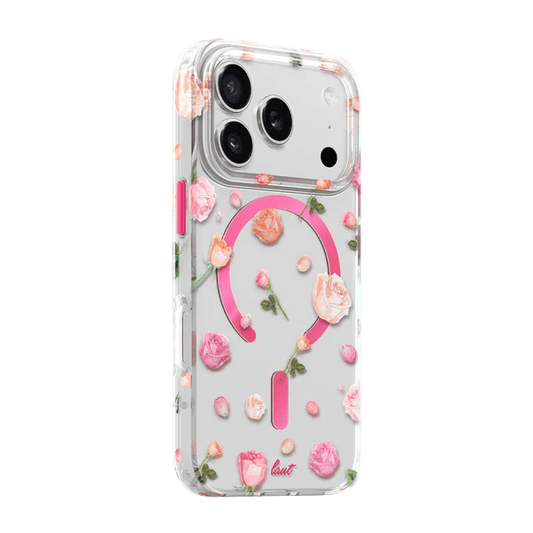 Side back perspective of the Laut BLOSSOM LUXE iPhone 17 Pro Pink Roses protective cover showcasing the shockproof frame from Tradeline Egypt.