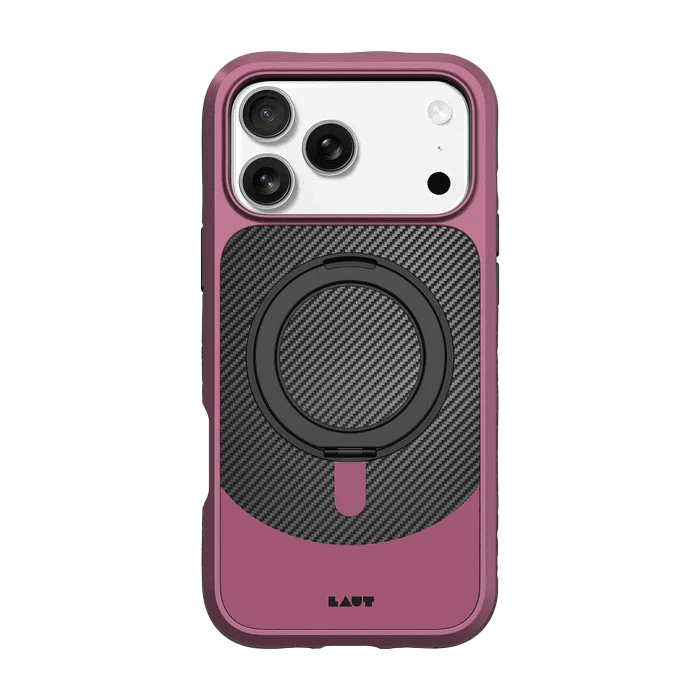 Rear view of the premium Laut CARBON MATTER case for iPhone 17 Pro Max in Wine Red showing the textured carbon fiber panel at Tradeline.