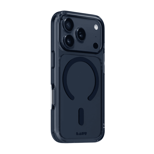 Side back profile showing the dark neon frame and bumper corners of the Laut CRYSTAL FLURO iPhone 17 Pro Max Clear Midnight case from Tradeline Egypt.