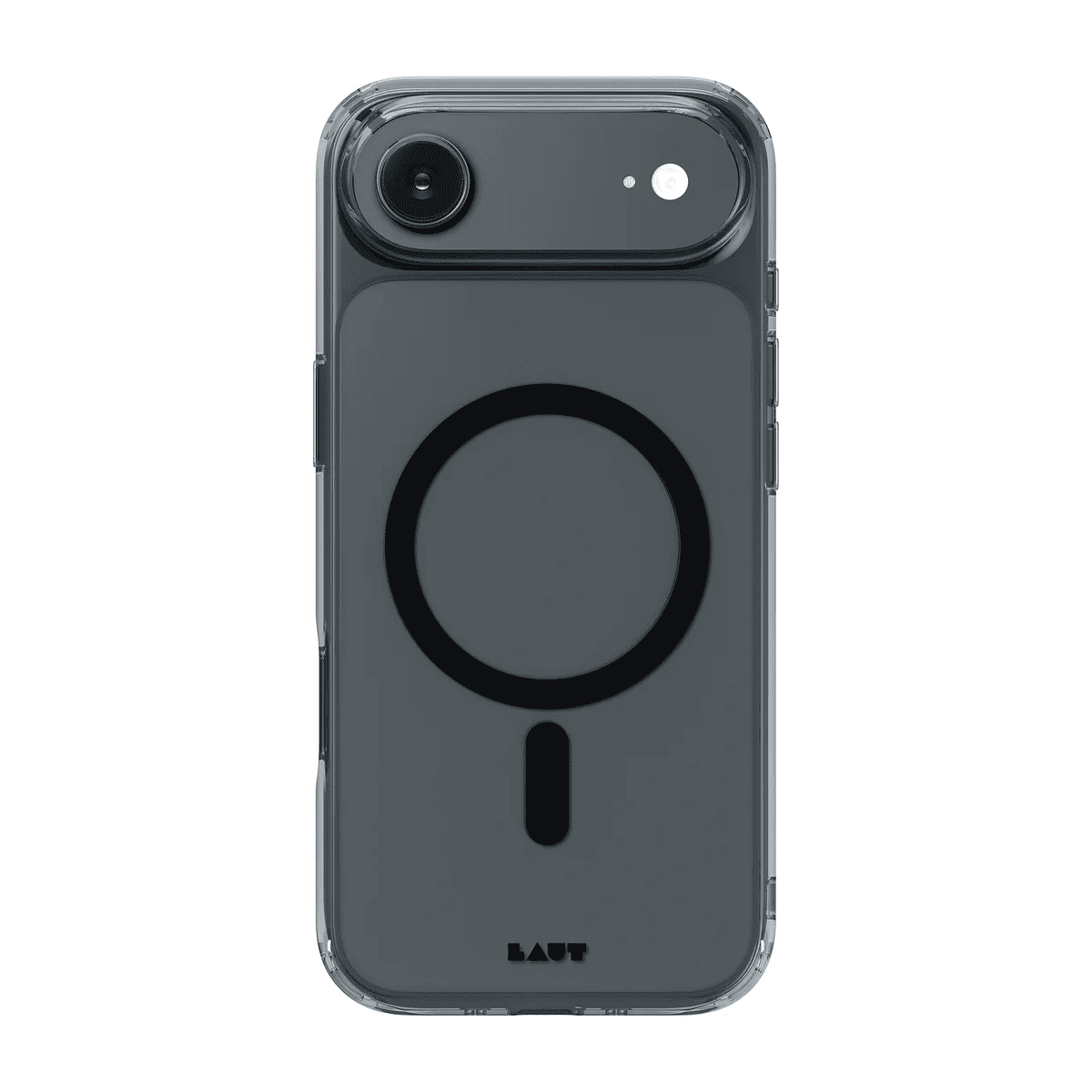 Rear view of the translucent Laut CRYSTAL FLURO case for iPhone Air with a smoky Clear Black border available at Tradeline.