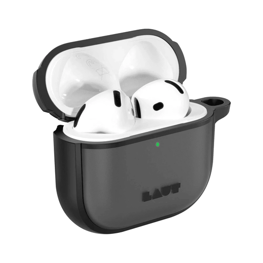 Side profile detailing the secure hinge closure of the LAUT HUEX PROTECT AirPods 4 Black impact cover from Tradeline.