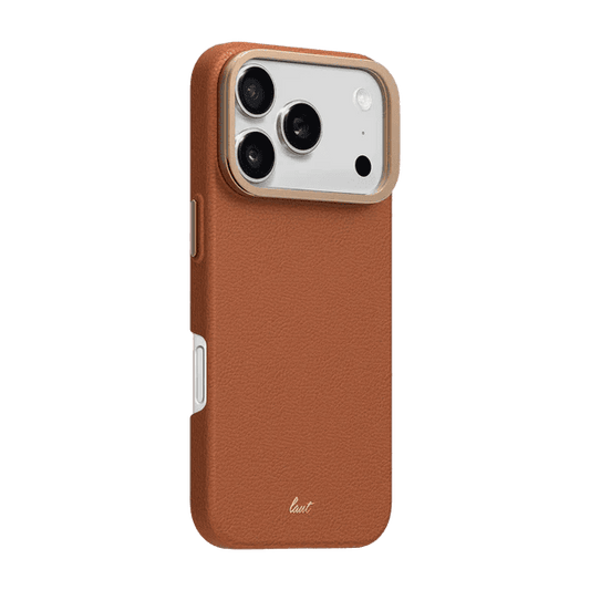 Back side view showing the dual-material tactile borders on the premium Laut LUXEDGE iPhone 17 Pro Luxe Brown case available at Tradeline Egypt.