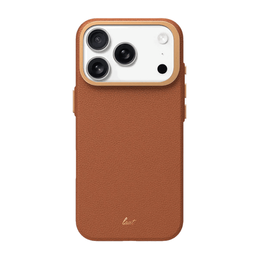 Rear view of the sophisticated Laut LUXEDGE executive case for iPhone 17 Pro in Luxe Brown color option from Tradeline.