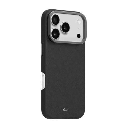 Back side view detailing the refined control button overlays of the Laut LUXEDGE iPhone 17 Pro Slate Black protective sleeve from Tradeline Egypt.