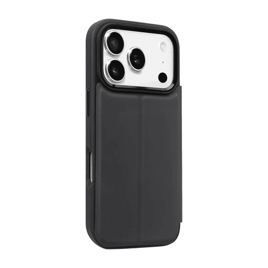 Back side profile view detailing the magnetic closure flap of the Laut MagFolio case for iPhone 17 Pro Black available at Tradeline Egypt.