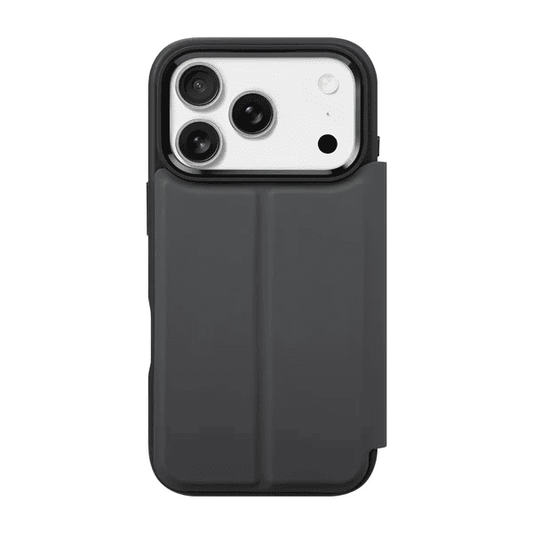 Back view highlighting the integrated stand layout of the Laut MagFolio case for iPhone 17 Pro Black from Tradeline.