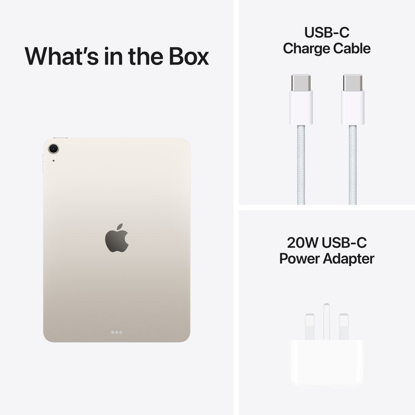 In-box content showing the cable and adapter for the 11-inch iPad Air Wi-Fi 128GB Starlight M4 at Tradeline.