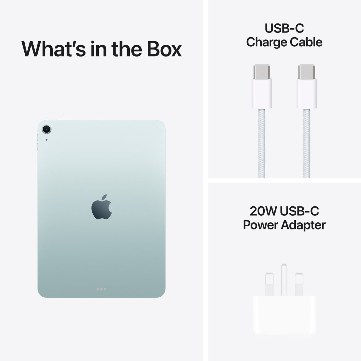 In-box content showing the cable and adapter for the 11-inch iPad Air Wi-Fi 512GB Blue M4 at Tradeline.