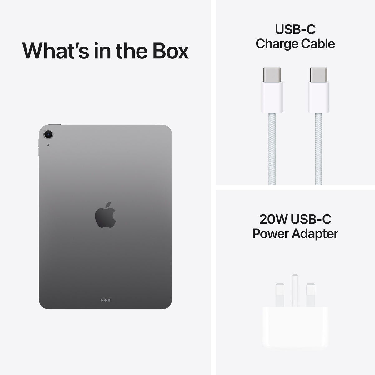 In-box content showing the cable and adapter for the 11-inch iPad Air Wi-Fi 512GB Space Grey M4 at Tradeline.