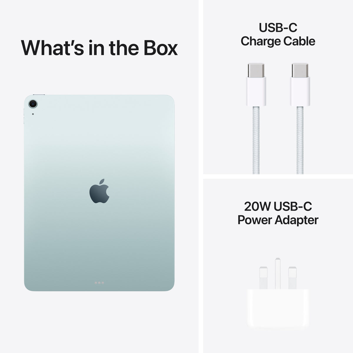 In-box content showing the cable and adapter for the 13-inch iPad Air Wi-Fi 1TB Blue M4 at Tradeline.