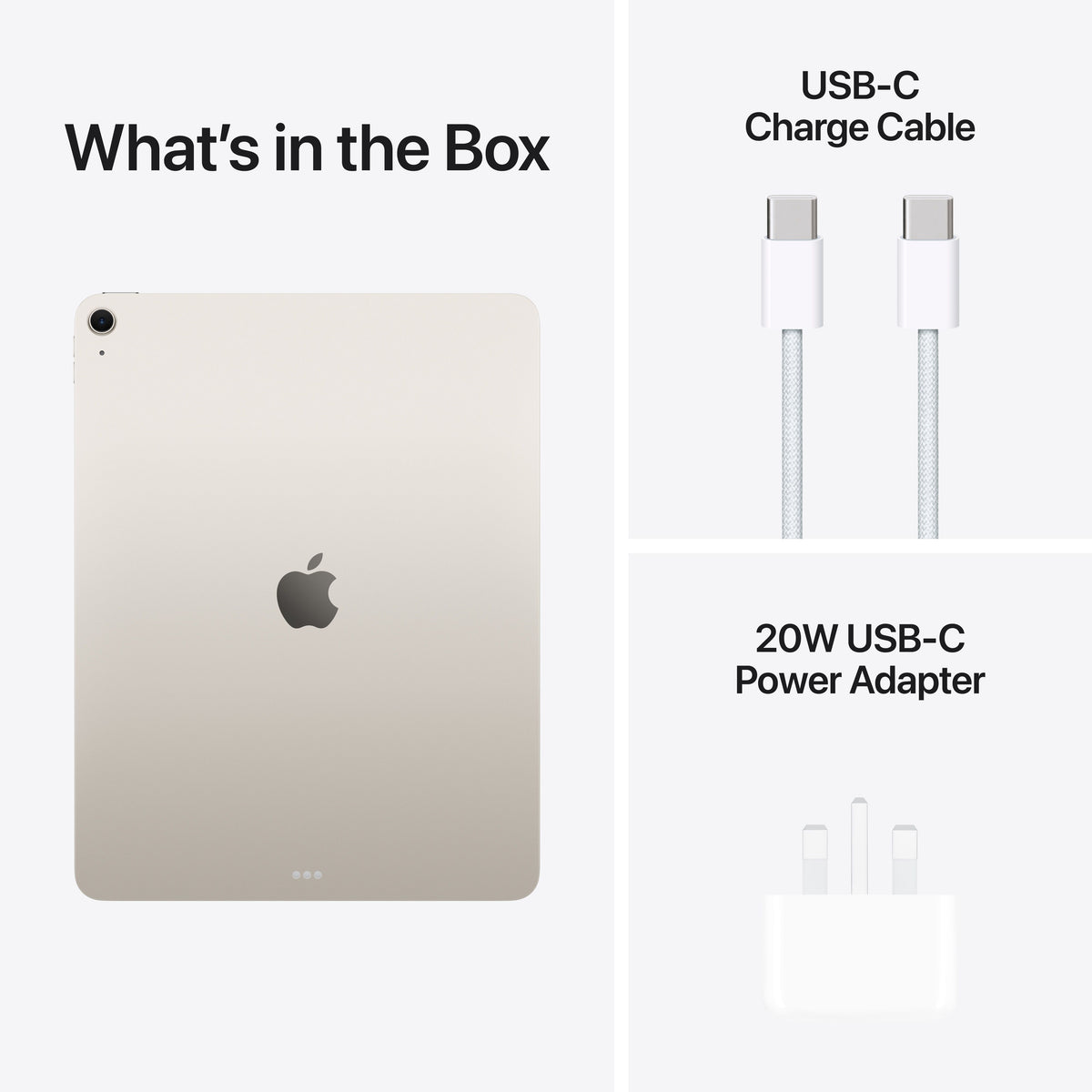 In-box content showing the cable and adapter for the 13-inch iPad Air Wi-Fi 1TB Starlight M4 at Tradeline