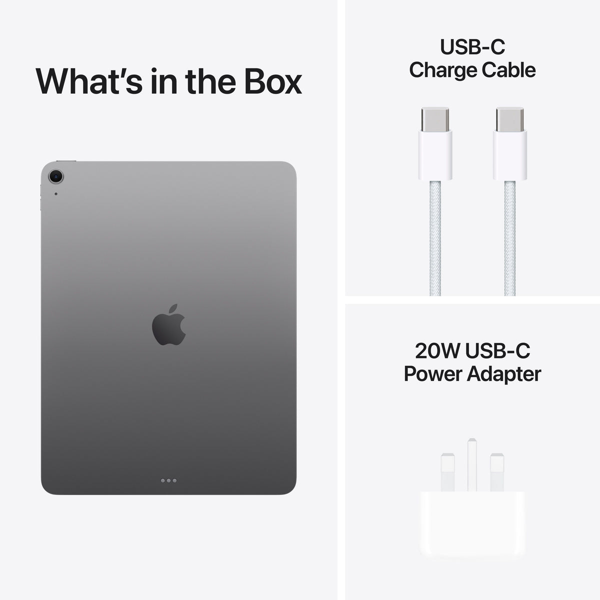 In-box content showing the cable and adapter for the 13-inch iPad Air Wi-Fi 256GB Space Grey M4 at Tradeline.
