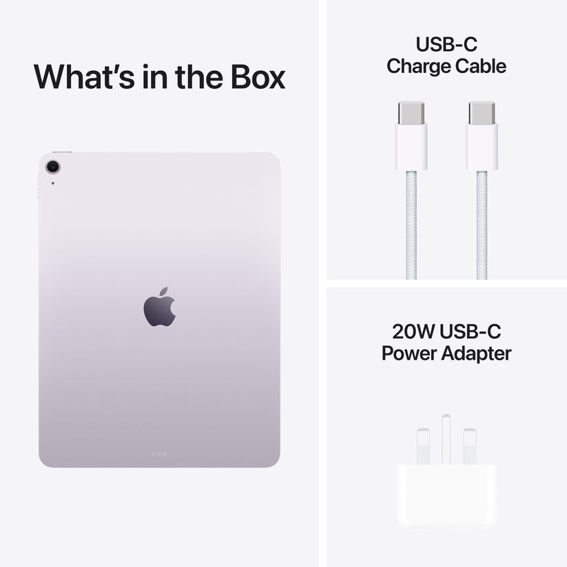 In-box content showing the cable and adapter for the 13-inch iPad Air Wi-Fi 512GB Purple M4 at Tradeline.