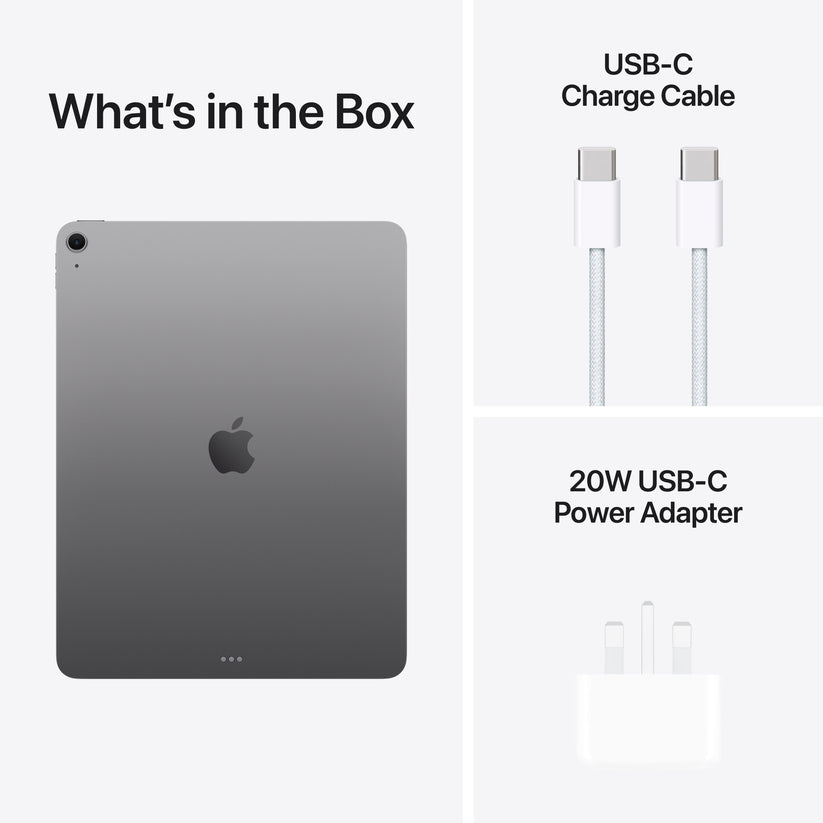 In-box content showing the cable and adapter for the 13-inch iPad Air Wi-Fi 512GB Space Grey M4 at Tradeline.