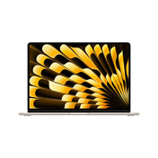 15-inch MacBook Air Starlight in front view featuring Apple M5 chip and vibrant gold display wallpaper