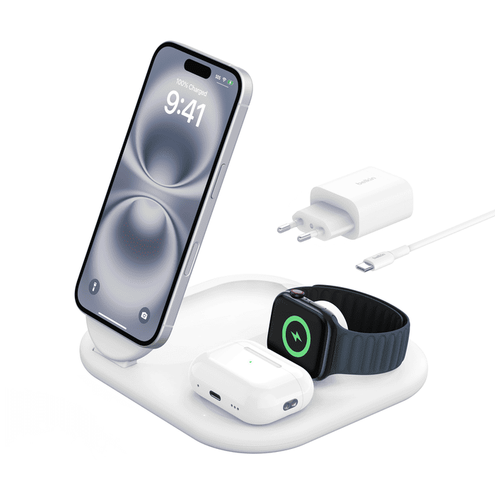 Belkin BoostCharge 3-in-1 Magnetic Charging Stand with Qi2 Fast Wireless Charging 15W - White