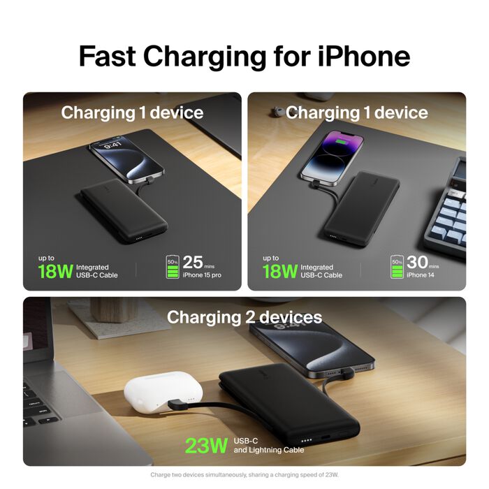 Belkin BoostCharge Plus 10K USB-C Power Bank with Integrated Cables - Black