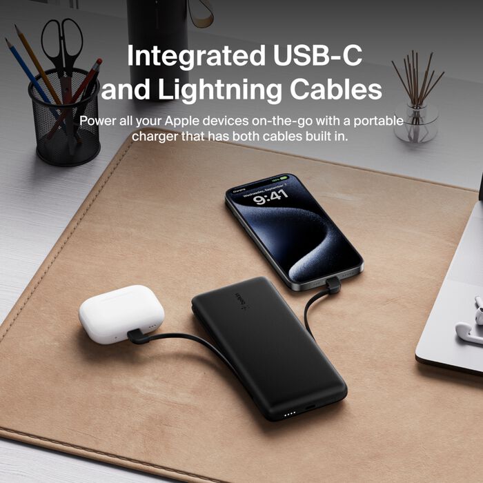 Belkin BoostCharge Plus 10K USB-C Power Bank with Integrated Cables - Black