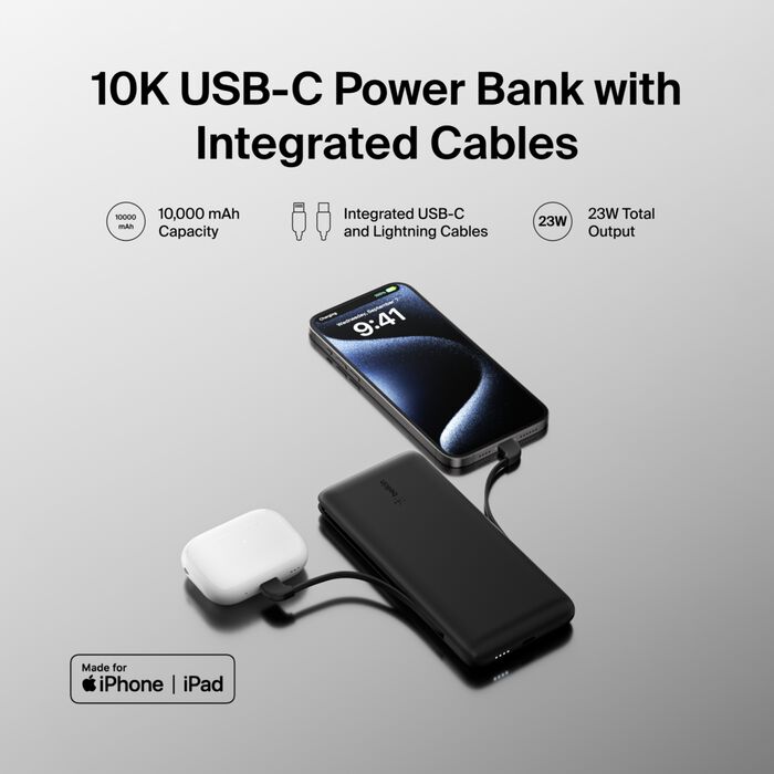 Belkin BoostCharge Plus 10K USB-C Power Bank with Integrated Cables - Black