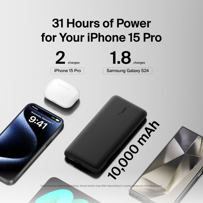 Belkin BoostCharge Plus 10K USB-C Power Bank with Integrated Cables - Black