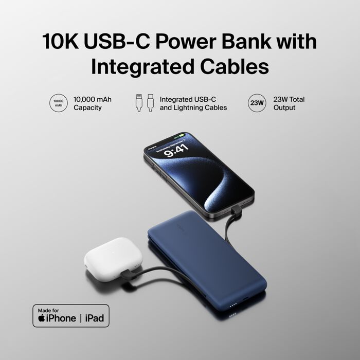 Belkin BoostCharge Plus 10K USB-C Power Bank with Integrated Cables - Blue