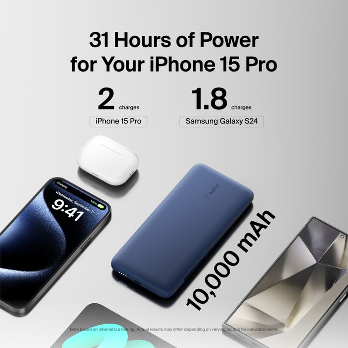 Belkin BoostCharge Plus 10K USB-C Power Bank with Integrated Cables - Blue