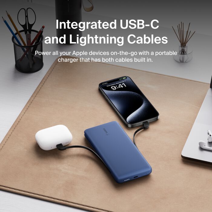 Belkin BoostCharge Plus 10K USB-C Power Bank with Integrated Cables - Blue