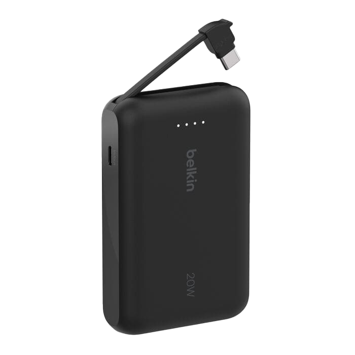 باور بنك Belkin BoostCharge بسعة 10,000 مللي أمبير مع كابل USB-C مدمج بقدرة 20 واط - أسود