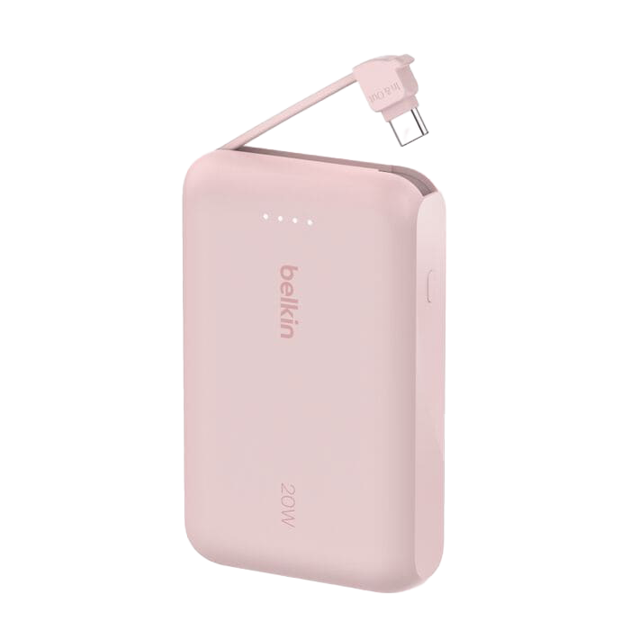 باور بنك Belkin BoostCharge بسعة 10,000 مللي أمبير مع كابل USB-C مدمج بقدرة 20 واط - وردي