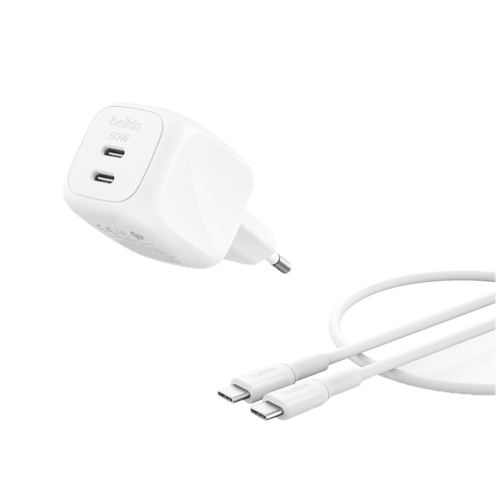 Belkin BoostCharge Pro 2-Port USB-C GaN Charger 50W With Cable - White