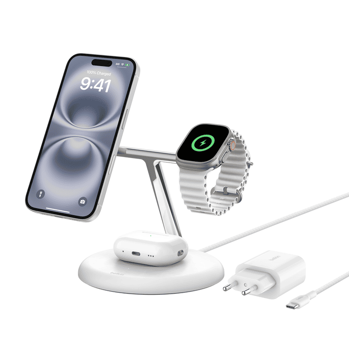 Belkin BoostCharge Pro 3-in-1 Magnetic Charging Stand with Qi2 Fast Wireless Charging 15W - White