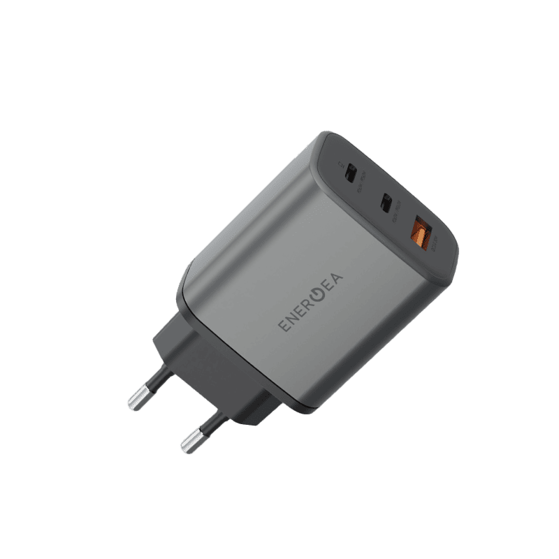 شاحن حائط ENERGEA Ampcharge GaN65 بمنفذي USB-C ومنفذ USB-A بقدرة 65 واط - Gunmetal
