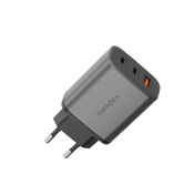 شاحن حائط ENERGEA Ampcharge GaN65 بمنفذي USB-C ومنفذ USB-A بقدرة 65 واط - Gunmetal
