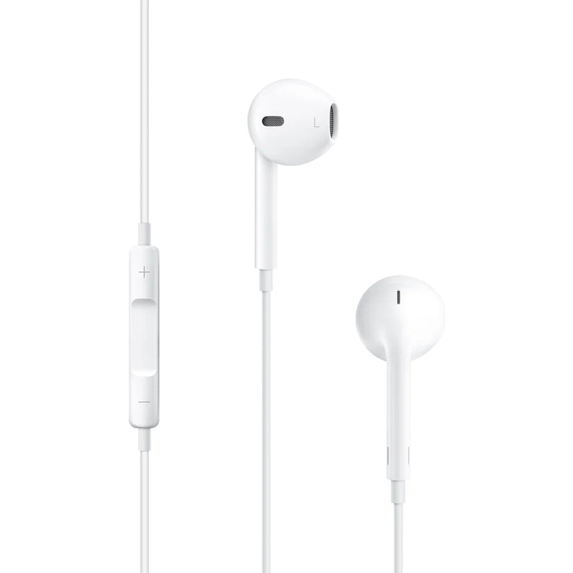 Apple EarPods with a 3.5 mm headphone plug, featuring a built-in remote and microphone along the cord for controlling media playback and answering calls.