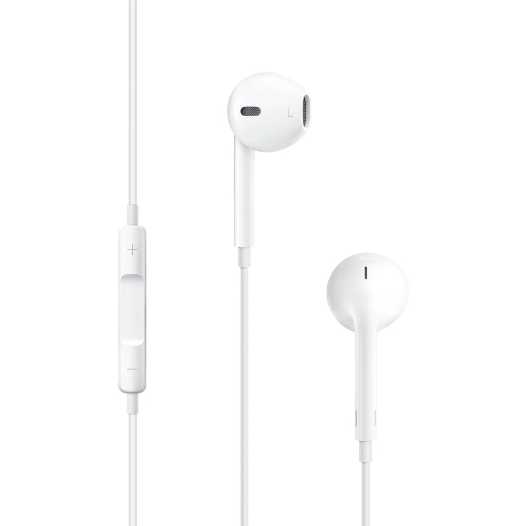 Apple EarPods with a 3.5 mm headphone plug, featuring a built-in remote and microphone along the cord for controlling media playback and answering calls.
